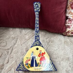 3-String Balalaika Painted Folk Art Wood Instrument Blue Beige Red